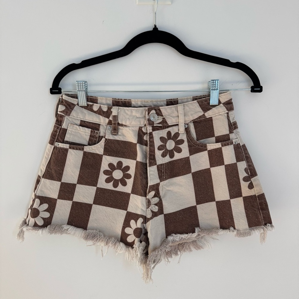 PACSUN Eco Flower Checkerboard High Waisted Denim Festival Shorts Size 26
